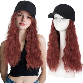 S-noilite Baseball Cap Hair Extensions, 16" Baseball Hats Wigs,Hat with Long Curly Wavy Hair Attached for Women(Reddish Brown)