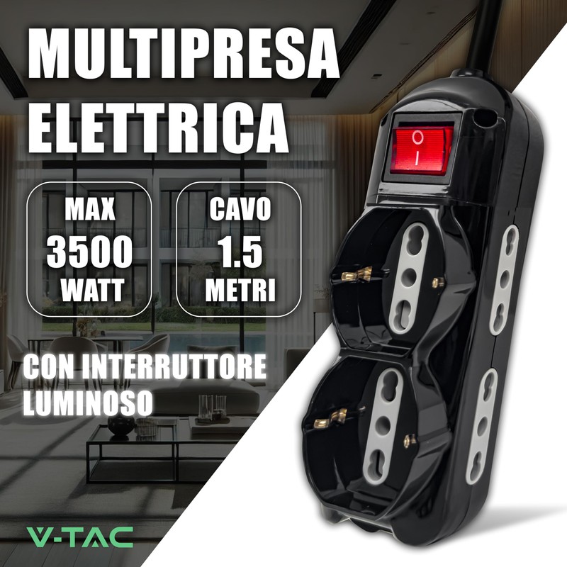 V-TAC Power Strip Black 6 Slots with Switch and Cable