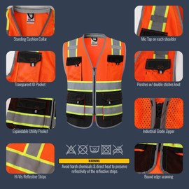 JKSafety Safety Vest for Men Women Hi Vis with Pockets and Cushioned Collar Reflective High Visibility Vest Class 2 Meet ANSI Standard OrangeBlack Color Extended Yellow Strips (BX360-OBLK XL) 1 Piece