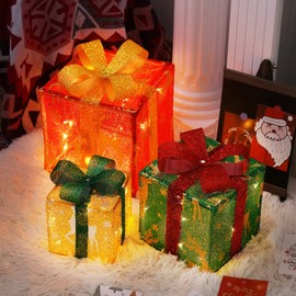 Christmas Boxes Light, 50 Led Christmas Box Decorations Set of 3 Presents Boxes Lamp with Ribbon Bows, Xmas Tree Skirt Ornament for Home Outdoor Yard Holiday Party