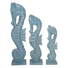 WorldBazzar NAUTICAL SET OF 3 WOOD TEAL BLUE AQUA SEAHORSES STANDING ART DECOR 20" 16" 12"