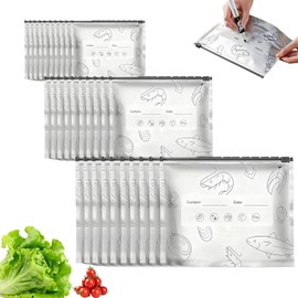 30PCS reusable aluminum foil sealed storage bags, 2026 new resealable food vacuum zipper bags, vegetable, fruit, and meat upright aluminum foil sealed bags with labels and zippers (10 each of 3 sizes)
