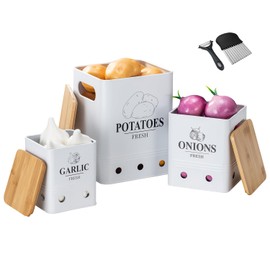 AEUNKIUO Kitchen Vegetable Storage Set of 3, Metal Onion Garlic Potato Jars Set, + 2 Stainless Steel Gadgets, Potato Onion Garlic Storage Set of 3 Ventilated Iron Canisters with Bamboo Lids-White