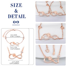 INFINIONLY Jewellery Sets, Women's girl's Necklace and Bracelet, 925 sterling silver necklace bracelet, Lucky clover and infinity symbol pendant bracelet, Inlaid zircon, rose gold