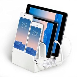 The Compact Charging Station by Great Useful Stuff - Say Goodbye to Clutter, The Compact Way. Desk Organizer Dock and Stand - White Leatherette (Set of 4 Lightning Short Cords)