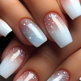 Hkanlre Nude Gradient Fake Coffin Nails Tips Press on Nails Medium Full Cover Sequins False Nails for Women 24PCS