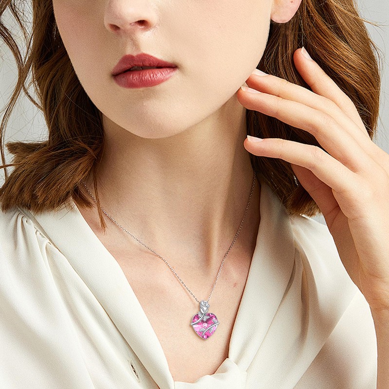 DAYLINLOVE Birthstone Necklace 925 Sterling Silver Rose Flower Heart Pendant