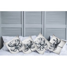 Ambesonne X-Ray Flowers Throw Pillow Cushion Cover Set of 4, Contemporary Floral Artwork of Blooming Bold Petals Outline, Decorative Accent Double-Sided Printing, 24", Pale Grey Dark Night Blue