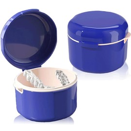 Yharnamite Denture Case, Denture Cup for Soaking Dentures, Denture Bath Box with Rinsing Basket, Retainer Case Mouth Night Guard, Travel Aligner Mouthguard Containers Box (Blue)