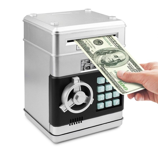 Setibre Piggy Bank, Electronic ATM Password Cash Coin Can Auto Scroll Paper Money Saving Box Toy Gift for Kids (Silvery)