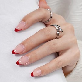 Uñas Postizas Francesas, Uñas Postizas Cortas Almendradas Reutilizables, Uñas Rojas Brillantes, Uñas Postizas De Gel Suave Para Mujer, Kit De 32 Unida