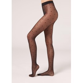 CALZEDONIA Woman's Sheer 30 Denier Mini Heart Tights in Black, Size XS/S