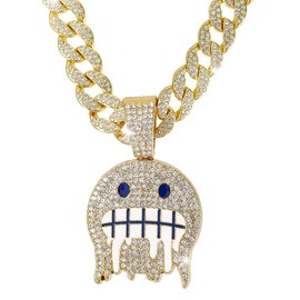 XIUMALU Iced Out Dripping Face Design Pendant Necklace, Gold Cuban Chain, Crystal Rhinestone Hip Hop Jewelry, Large, Crystal Rhinestone Metal, Rhinestone