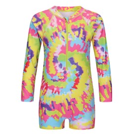 Zestonie Big Girls One Piece Rash Guard Swimsuits for Girl Long Sleeve Bathing Suits with UPF 50+ Sun Proctection Swimwear Mix Tie Dye Size 14/12-14 Years