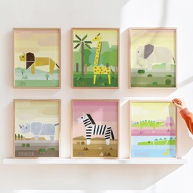 Pastel grey studio Safari Wall Decor Art Prints Set of 6 Unframed 8x10 Inch Set includes Giraffe, Lion, Crocodile, Zebra, Elephant and Rhinoceros Kids Boy Gril Wall Decor
