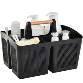 ALINK Portable Shower Caddy Basket with Compartments, Plastic Divided Cleaning Caddy Organizer Storage Tote with Handle for Bathroom, College, Dorm Room Essentials, Black