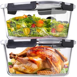 EWAFILU 2.6L/88oz/ 11 Cup Large Glass Food Storage Container with Secure Locking Lid, Meal Prep Containers Microwave,Oven,Fridge Safe-2 Pack Turkey Container