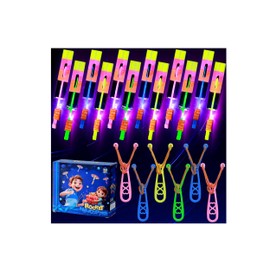 SCIONE 24 Sets LED Flying Set, 24 Slingshot+24 Glow Helicopter-48 Pcs, Flying Toy Outdoor Toys Glow in The Dark Party Supplies Party Favors for Kids 8-12,4-8