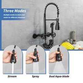 DOLGABA Wall Mount Kitchen Faucet, Commercial Wall Mounted Kitchen Faucets with 3 Functions Sprayer, 3-9 Inch Center Adjustable Install, Matte Black