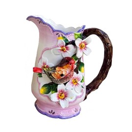 Minigift Ceramic Pitcher with Handle, 3D Hand-Painted Red Bird and Pink Hibiscus Flower Home Décor Vase- 8.4Inchs H