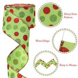 Tenn Well 2.5 inch Wired Christmas Ribbon, 10.9 Yards Red Green Polka Pot Ribbon for Christmas Tree, Gift Wapping, Bow Making, Wreath Making, Holiday Decorations