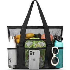 Mesh Beach Bag - Large Beach Bags for Women, Beach Tote Bag with Multi Functional Pockets for Family Travel/Vacation/Swimming Gym/Storage