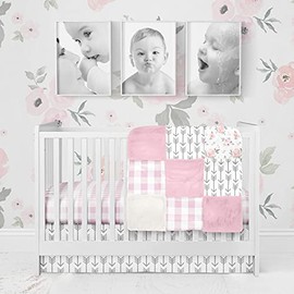 JLIKA Crib Bedding Sets for Girls - 3 Piece Floral Pink Plaid Set for Baby Girl Nursery Decor | Quilt Blanket, Crib Sheet, Skirt | Flowers Arrow Buffalo Plaid (Pink Floral Collection) (Pink Floral)
