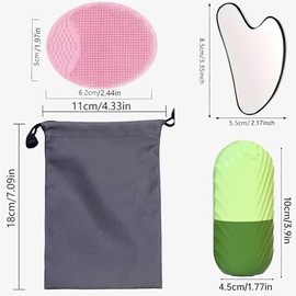 El rodillo de hielo facial y las almohadillas gua sha reducen la hinchazón de la cara y los ojos, y el cepillo de lavado limpia las impurezas faciales