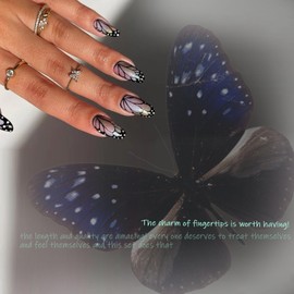 CAEEA Almond Press on Nails Medium Length Long round Press Ons Glitter Fake Nails With Butterfly Designs 24 Pcs 12 Sizes Flexible Sturdy Nail Art