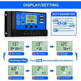 Upgraded - Solar Charge Controller 30A, 12V/ 24V Solar Panel Charge Controller Intelligent Regulator, Multi-Function Adjustable LCD Display with 5V Dual USB Port Timer Setting PWM Auto Parameter
