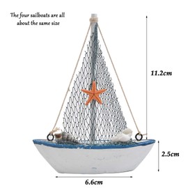 BUYGOO Mini Sailboat Model Decoration - 4-Piece Wooden Miniature Sailing Boat Home Decor Set
