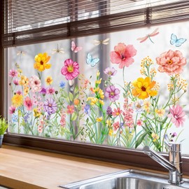 Colorful Flower Window Clings Summer Wildflower Window Stickers Double-Sided Spring Garden Floral Bouquet Window Cling Dragonfly Grass Glass Decals for Bird Windows Strike Prevention (11.8*23.6inch)