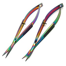 Pack of 2 Pieces Multi Color Rainbow Castroviejo Scissors 4.5" Straight & Curved Stitch Cutting Embroidery Spring Action Extra Sharp by OdontoMed2011