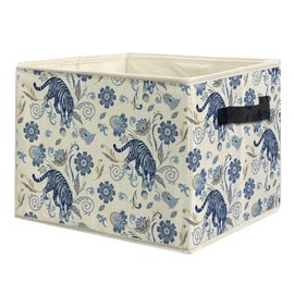 uinwk Vintage Boho Blue Floral Tiger Storage Bins, Tiger Gifts, French Country Toile de Jouy Flower Collapsible Storage Box Laundry Basket with Handle for Bedroom Bathroom Office Clothes Toys Books