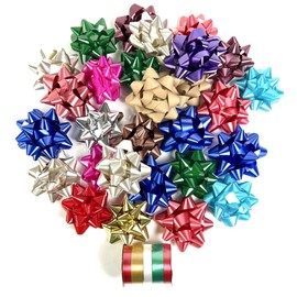 Holiday Premium Gift Bows and Ribbon Kit Includes 28 Christmas Bows 3" to 3.5" Peel and Stick and 1-Spool of 5 Color Curling Ribbon (65 feet Total) Colors are Random