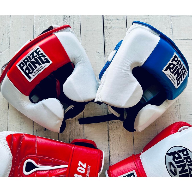 PRIZE RING "Professional SS" Genuine Leather Headgear White/Blue (L)