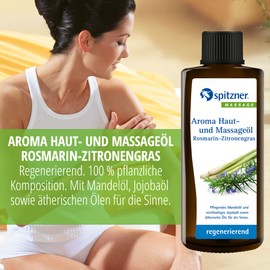Spitzner Aroma Haut- & Massageöl Rosmarin-Zitronengras (190 ml) – regenerierendes Massage Öl mit Jojobaöl, Mandelöl & ätherischen Ölen, ohne Konservierungsstoffe