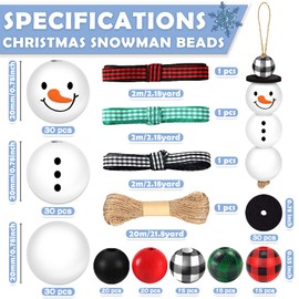 205 Pieces Christmas Snowman Wooden Beads Craft Project Natural Polished Wood Bead with Twine, Winter Christmas Tree Hanging Ornaments, Rustic DIY Garland Decoration for Home (Snowman)
