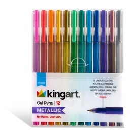 KINGART® Metallic Gel Pens, Scrapbook, Journals, or Drawing, Colored Metallic Ink, Medium Line, Set of 12 Unique Shades