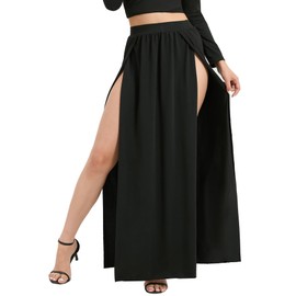 SILUI Women's High Waist Double Slit Sexy Plus Size Thigh Split Flowy Long Maxi Skirt Black
