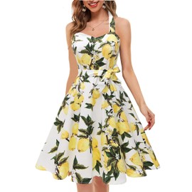 Topdress Women's Vintage Polka Audrey Dress 1950s Halter Retro Cocktail Dress White Lemon S