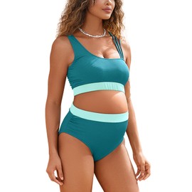 MOMOOD Maternity Two Piece Swimsuit High Waist Strappy Bikini Set Bathing Suit Teal with Green XXL