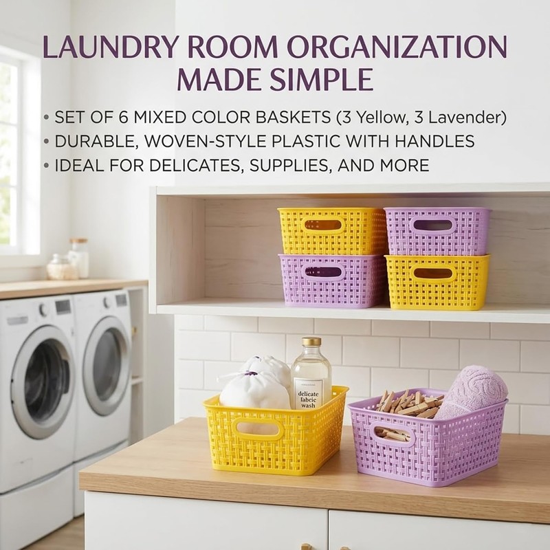 Small Plastic Baskets 6-Pack, Open Storage Weave Baskets Mixed Color,
