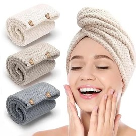 Bingobang Microfibre Hair Towel Wrap 3 Pack, Hair Turban Super Absorbent Rapid Drying Towel for Women Curly Long Wet Plopping Hair, Anti Frizz with Buttons Bath Loop Fasten (Beige, Gray, Light brown)