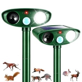 2Pack Sonic Fortress Pro Deer Repellent Devices Squirrel Raccoon Rabbit Fox Cat Deterrent Solar Ultrasonic Animal Repellent Outdoor with Motion Activated Strobe Light for Garden Yard Lawn Protection