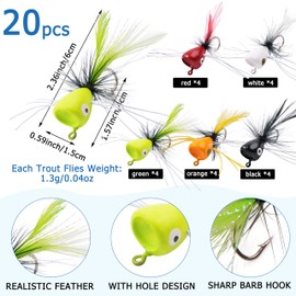 Fly Fishing Popper Flies Kit, 12/20pcs Dry Flies Popper Lures Bass Fly Fishing Lures Topwater Popping Bug Flies for Panfish Bluegill Bass Sunfish Trout Salmon