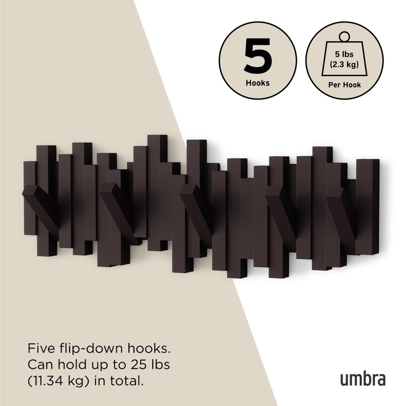 Umbra Sticks Wall-Mounted Coat Rack Rail Hook with 5 Retractable