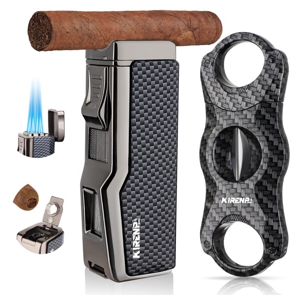 All-in-one Cigar Lighter with V Cigar Cutter, Built-in Cigar Punch, Cigar Holder, Quad Windproof Jet Flame, 4 in 1 Refillable Torch Lighter Set with Gift Box, Cool lighters for Smoking, Birthday