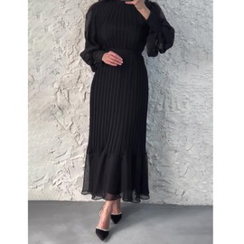 Sexyshine Women's Mock Neck Long Sleeve Full Pleated Chiffon Maxi Dress High Waist Belted Ruffle A Line Cocktail Party Long Dress(27061BL,M) Black
