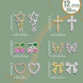 VCEOW 12 Styles Nail Art Charms Set 48pcs Silver and Gold Alloy Nail Charms with 3D Bling Heart Cross Bow Cheery Butterfly Star Y2k Nails Gems DIY Accessories for Girls and Women